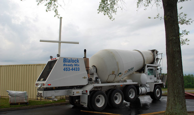 Blalock Ready Mix truck in front of a giant crucifix