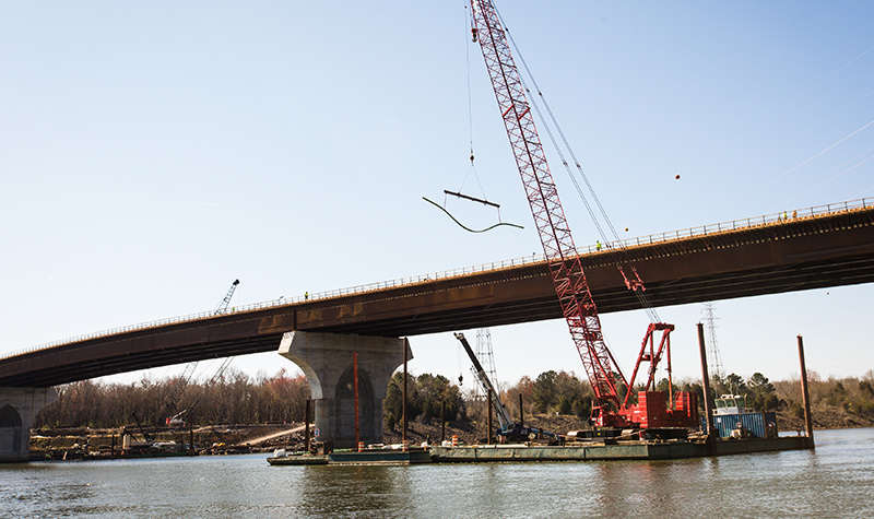 U.S. Highway 321 Bridges wide shot of the bridge with the Blalock crane doing active work