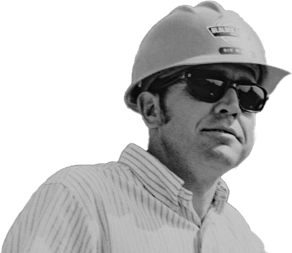 Image of a man wearing a construction hat and sunglasses. The image is in black and white with the background cropped out.